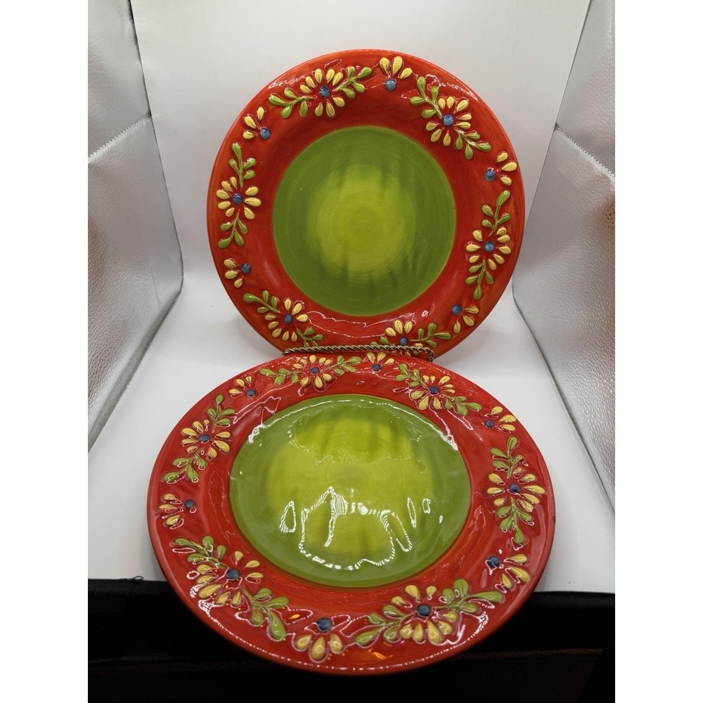 Pier 1 Imports Flores Hand Painted Dinner Plates Red Green Floral Set of 2